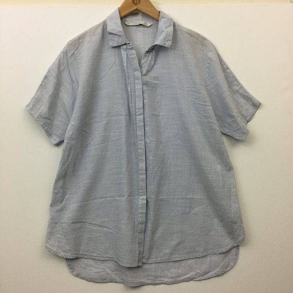 Zara Womens Size S Button Up Shirt Short Sleeve Light Blue Cotton Blend - Picture 1 of 12